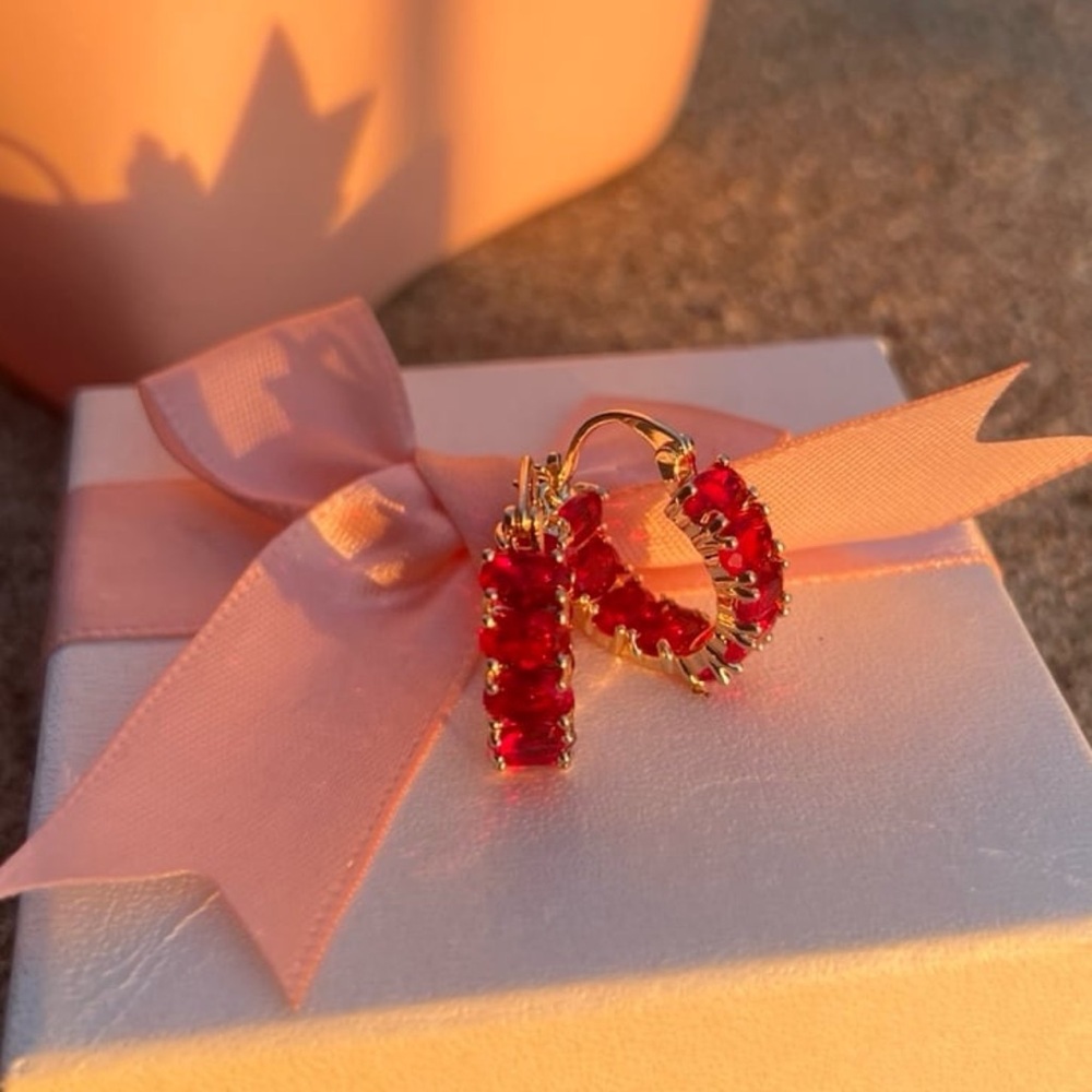 925/18K gold plated ruby oval cut inside out hoop earrings with swarovski #123 - Picture 9 of 13